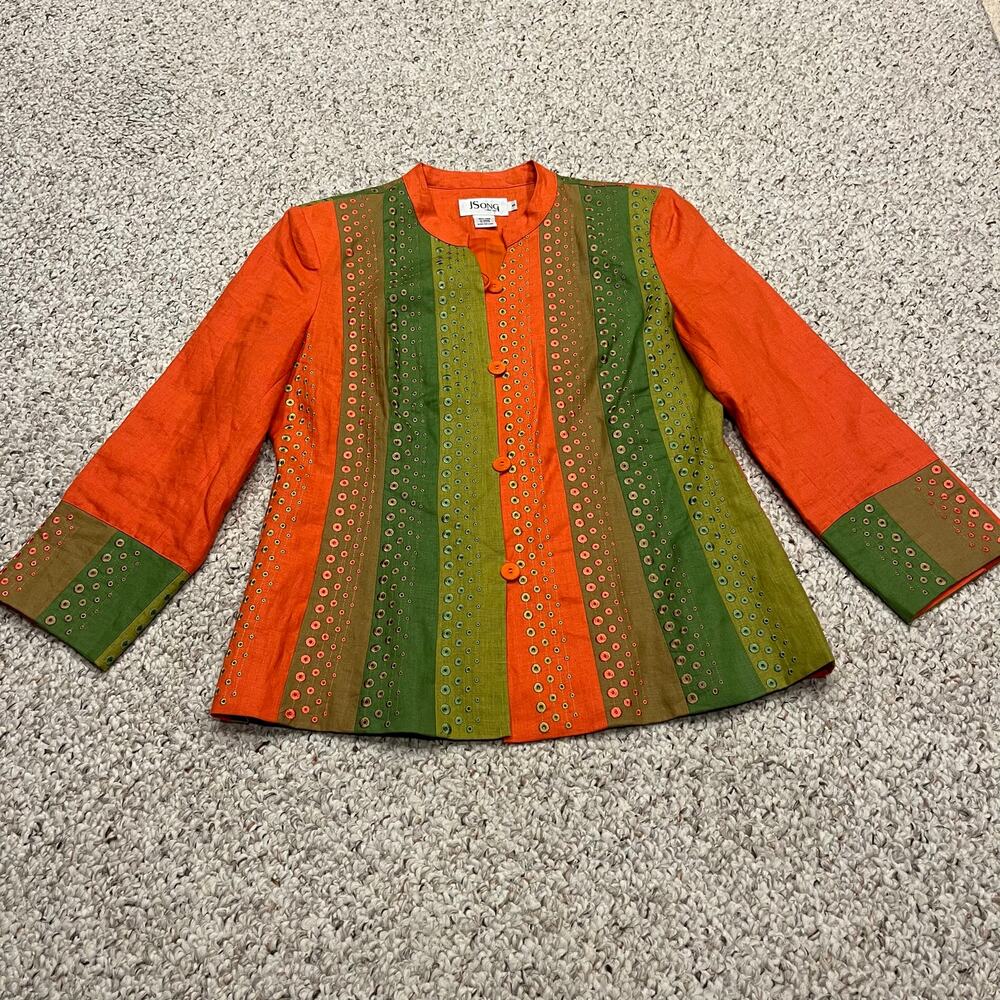 Women's Orange & Green Striped Embellished Jacket